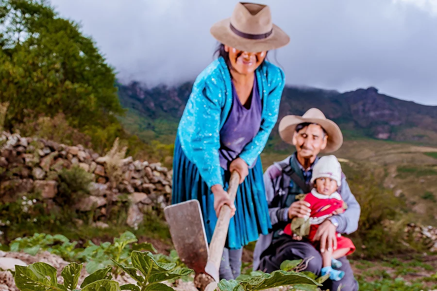 Una familia realizando labores agrícolas en las tierras altas de Perú.