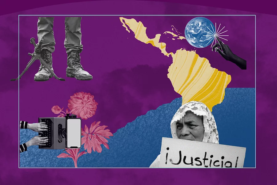 Mapa de América Latina con botas militares, arma y figura sosteniendo cartel de “Justicia”.