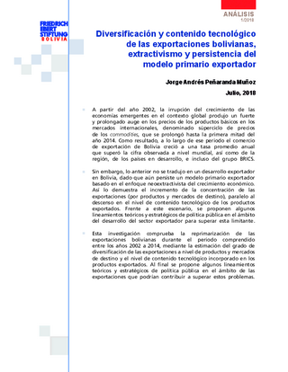 Diversificación y contenido tecnológico de las exportaciones bolivianas, extractivismo y persistencia del modelo primario exportador